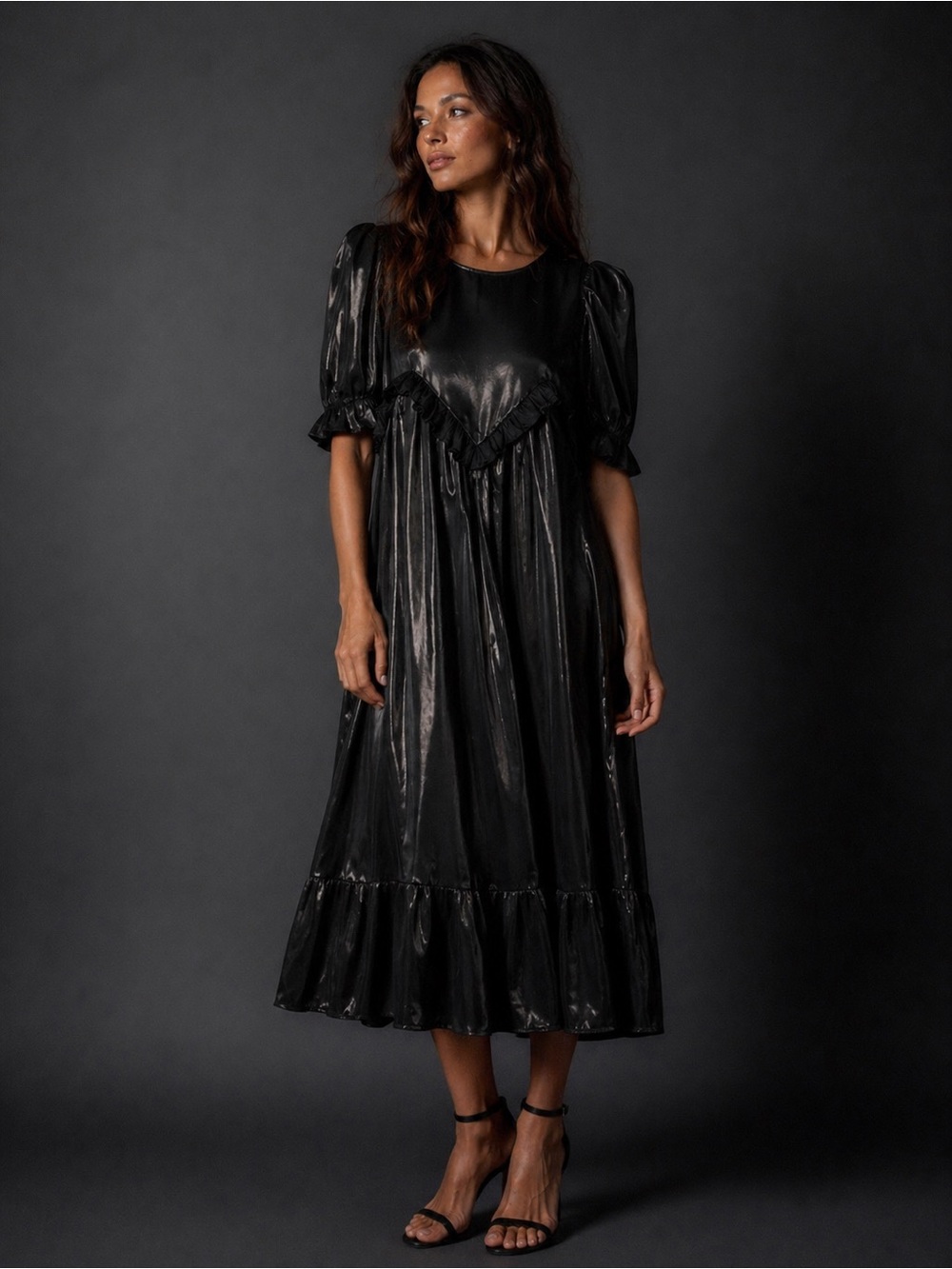 Black Shimmer Midi Dress with Puff Sleeves